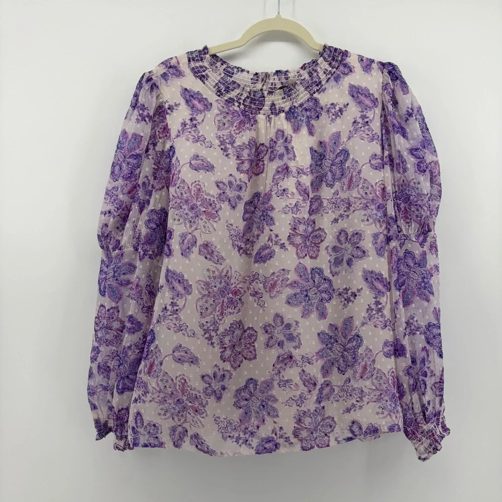 LOFT Womens‎ XL Purple Floral Smocked Neck Puff Sleeve Clip Dot Blouse Top
